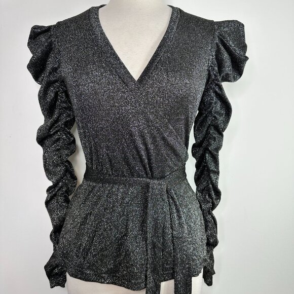 Walter Baker Marwin True Wrap Top Black Silver Sparkle Size Small Ruched Sleeve - Picture 3 of 13